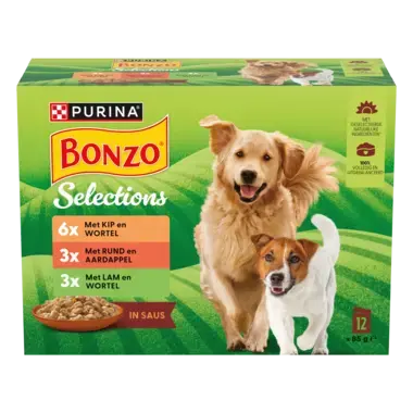 BONZO® Selections met Rund, Kip of Lam in Saus natvoer
