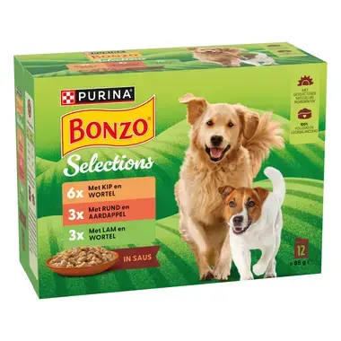 BONZO® Selections met Rund, Kip of Lam in Saus natvoer