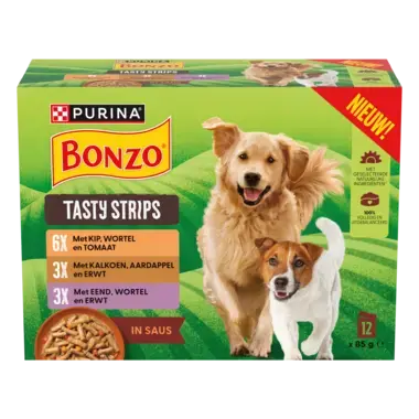 BONZO® Tasty Strips Kip, Kalkoen en Eend in Saus natvoer