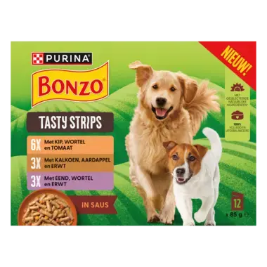 BONZO® Tasty Strips Kip, Kalkoen en Eend in Saus natvoer