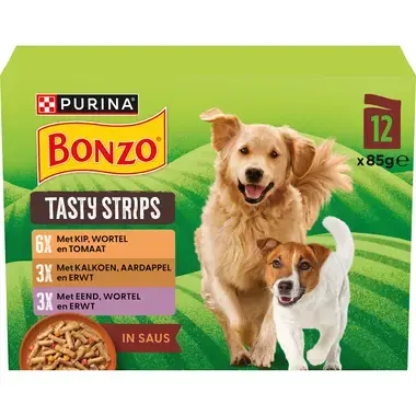 BONZO® Tasty Strips Kip, Kalkoen en Eend in Saus natvoer