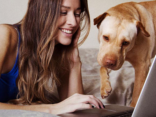 vrouw en hond kijken naar computer 