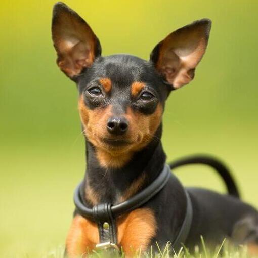 Dwergpinscher zit in gras