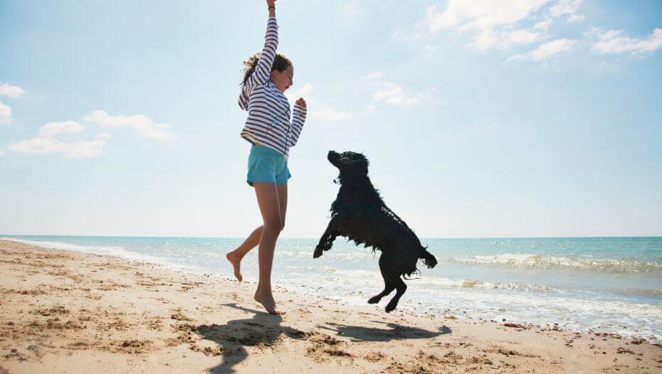 meisje en hond springen op een strand meisje en hond springen op een strand